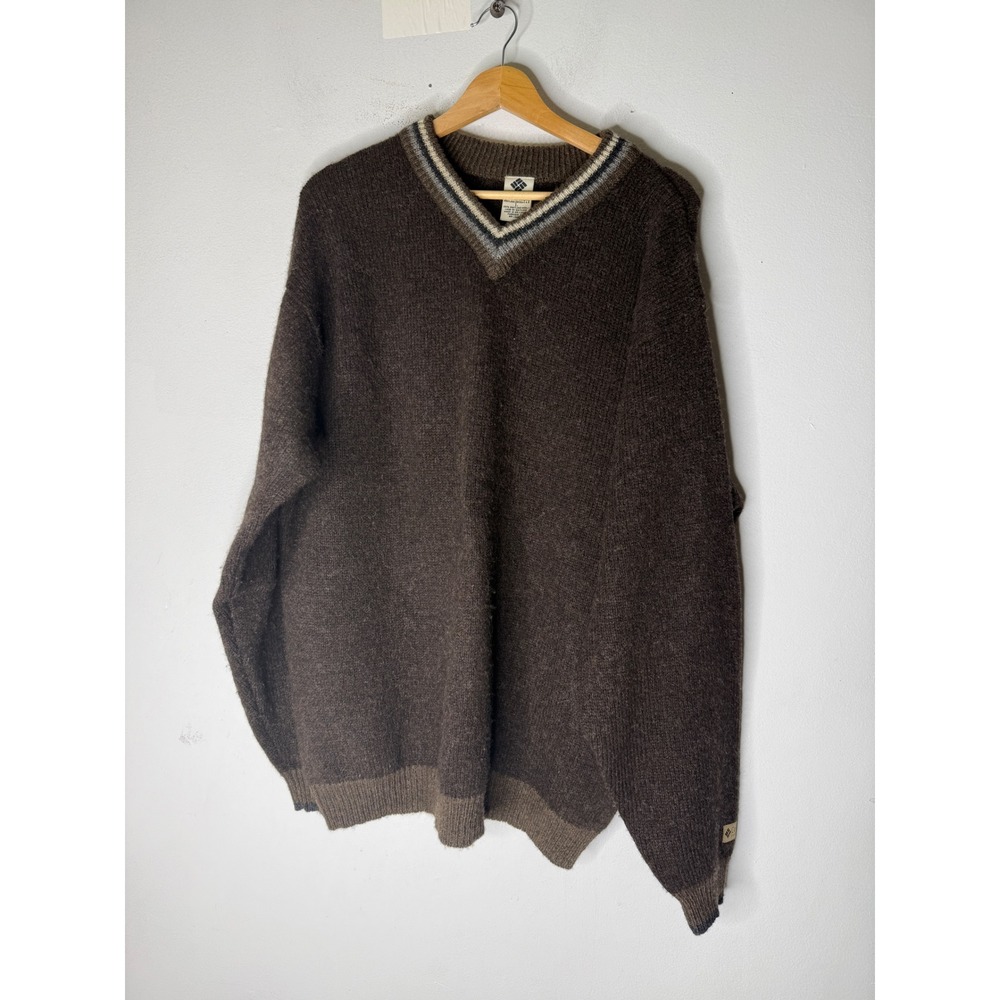 Vintage Columbia 100% Shetland Wool Brown Grandpa V Neck Sweater Large